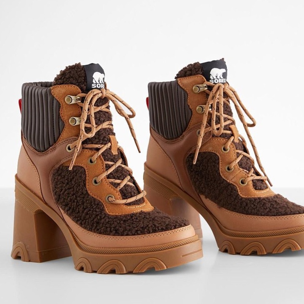 Sorel Brex Heel Cozy Lace Waterproof Leather Women's Booties Tan/Black US 9 NWT - Picture 13 of 15